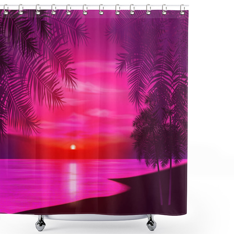 Personality  Summer Night. Palm Trees On The Background Of Sunset. Vector Illustration Shower Curtains