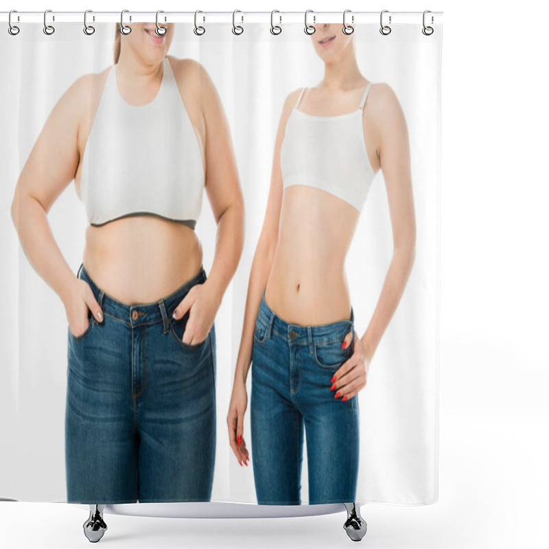 Personality  Cropped View Of Smiling Slim And Overweight Women In Denim Posing Together Isolated On White, Body Positivity Concept  Shower Curtains