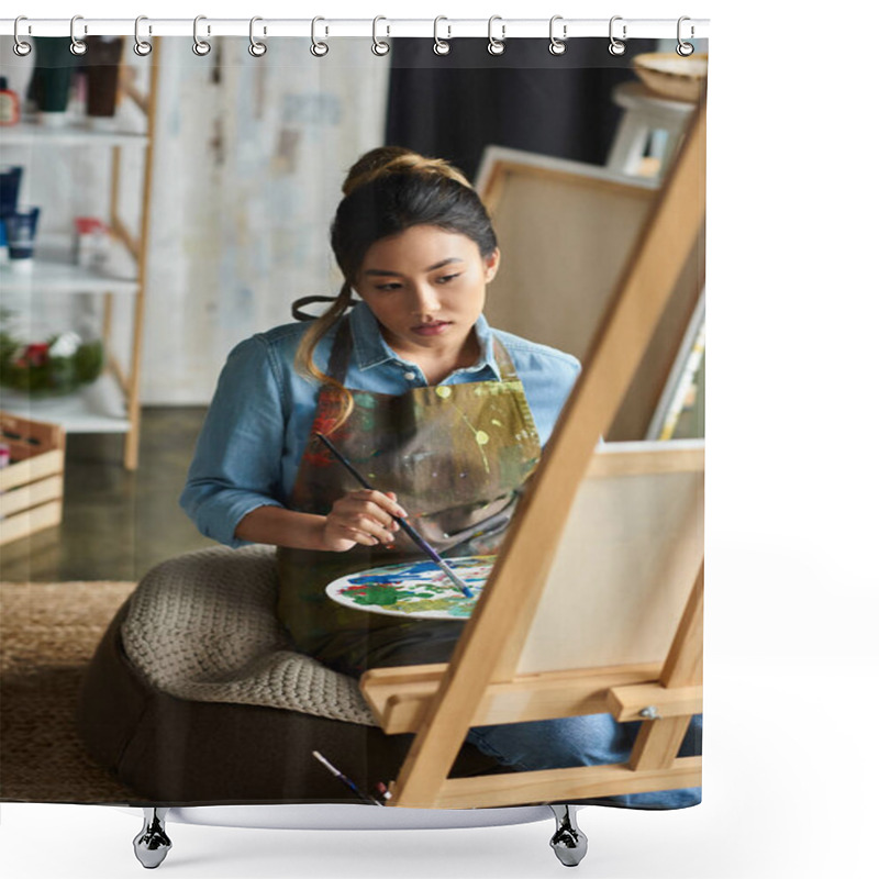 Personality  A Young Asian Woman, Wearing An Apron, Is Engrossed In Painting At Her Easel In An Art Studio. Shower Curtains