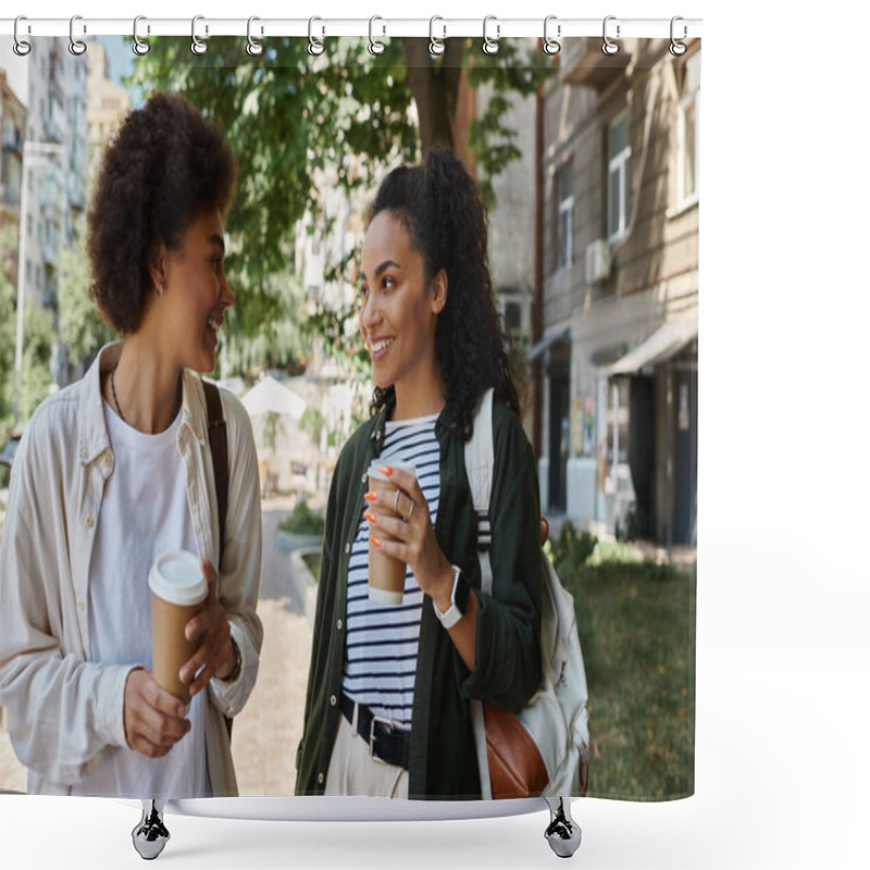 Personality  A Joyful Couple Shares Coffee And Laughter While Exploring A Vibrant Outdoor Setting Together. Shower Curtains