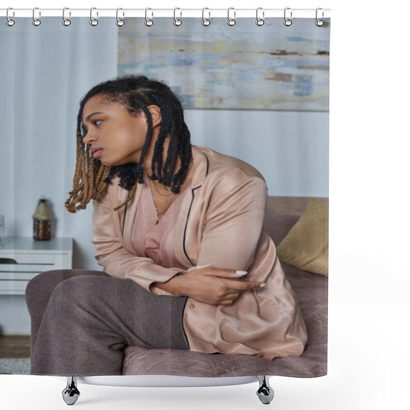 Personality  African American Woman Sitting On Bed, Feeling Unwell, Looking At Camera, Stress, Modern Bedroom Shower Curtains