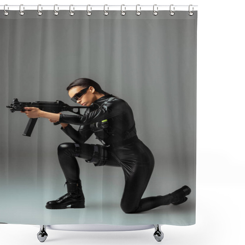 Personality  Futuristic African American Woman In Glasses Aiming Assault Rifle While Standing On Knee On Grey Shower Curtains