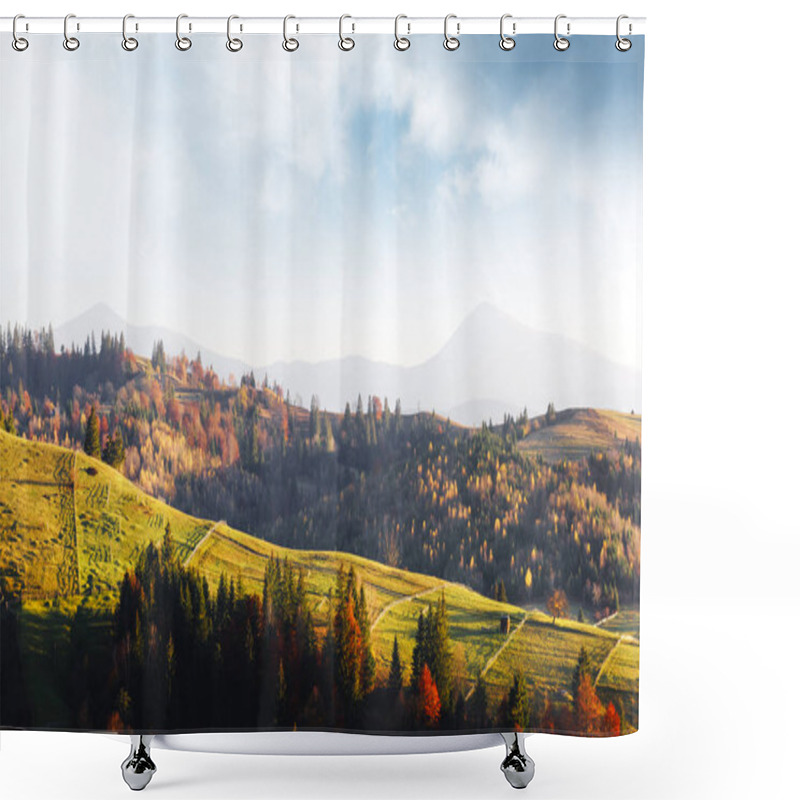 Personality  Amazing Scene On Autumn Mountains. Yellow And Orange Trees In Fantastic Morning Sunlight. Carpathians, Europe. Landscape Photography Shower Curtains