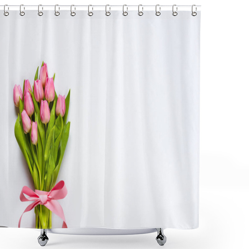 Personality  Top View Of Pink Tulips Bouquet, Wrapped With Pink Ribbon Over White Background. Copy Space. Shower Curtains