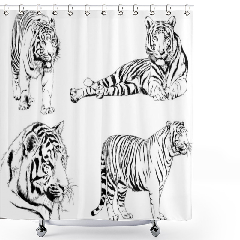 Personality  Set Of Vector Drawings On The Theme Of Predators Tigers Are Drawn By Hand With Ink Tattoo Logos Shower Curtains