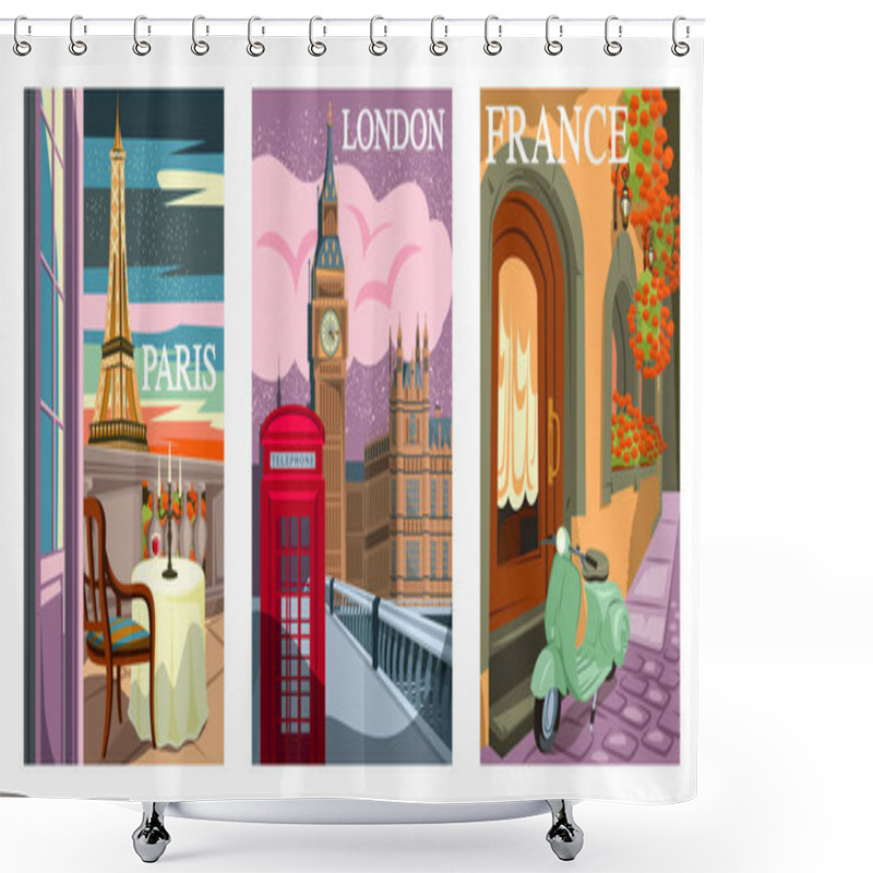 Personality  Set Of Travel Destination Posters. Cityscapes Of London And Paris With Famous Architectural Landmarks. Tourism And Journey In Europe. Cartoon Flat Vector Illustrations Isolated On White Background Shower Curtains