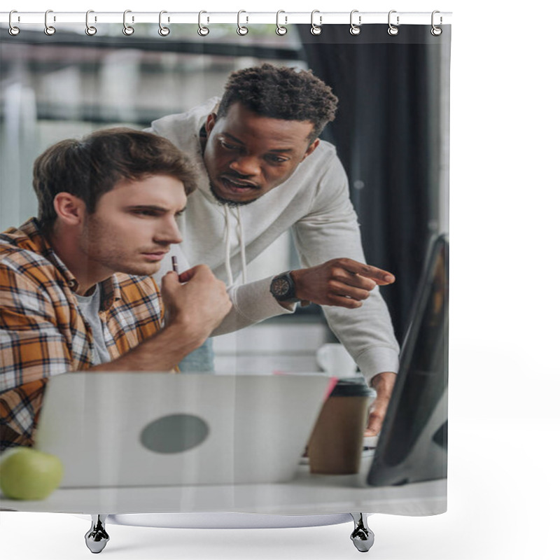 Personality  Serious African American Programmer Pointing At Computer Monitor Near Thoughtful Colleague Shower Curtains