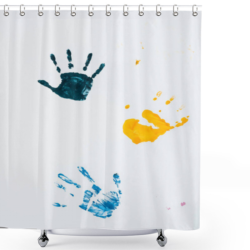 Personality  Yellow, Light Blue And Dark Blue Hand Prints On White  Shower Curtains