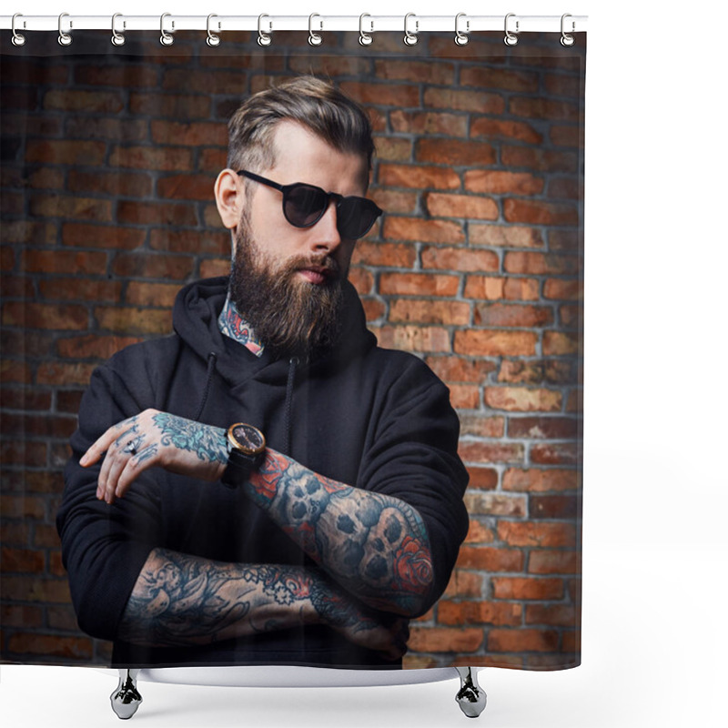 Personality  Modern Bearded Hipster Male In Hoodie  Shower Curtains