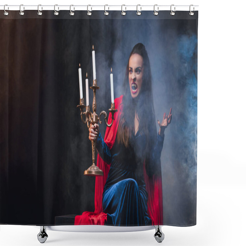 Personality  Mystery Woman In Vampire Costume Holding Antique Candelabrum On Dark Background With Smoke Shower Curtains