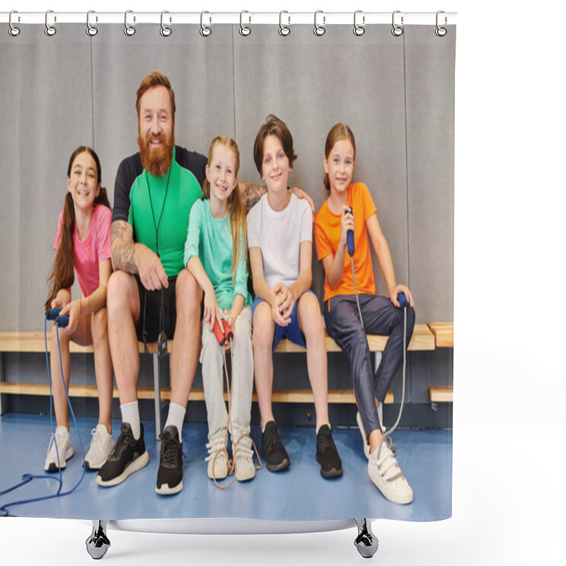 Personality  A Man With A Beard, A Teacher, Sitting On A Bench Surrounded By Happy, Diverse Children Of Various Ages, Engaging In Conversation And Learning Together. Shower Curtains