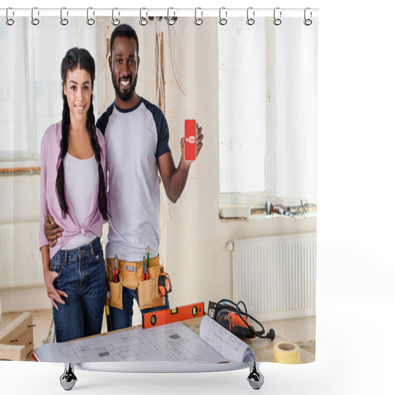 Personality  Couple Holding Smartphone With Youtube App On Screen During Renovation Shower Curtains