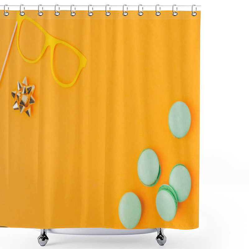 Personality  Top View Of Party Mask, Bow And Macarons Isolated On Orange, Purim Holiday Concept Shower Curtains