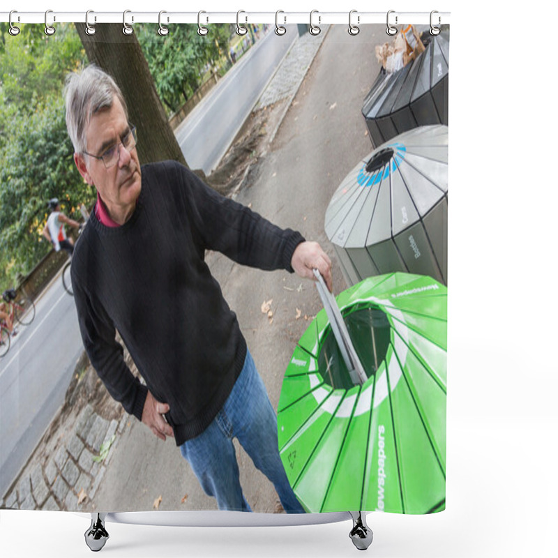 Personality  Man Wasting Newspaper In Recycling Basket Shower Curtains