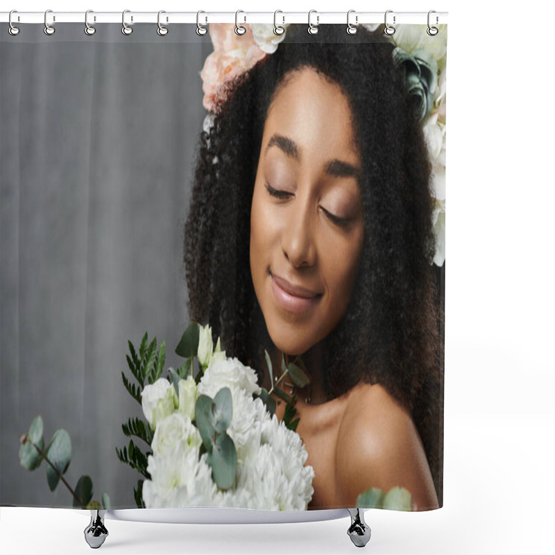 Personality  A Beautiful African American Bride With Flowers In Her Hair Smiles Softly, Her Eyes Closed As She Enjoys The Scent Of Her Bouquet. Shower Curtains