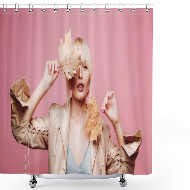 Personality  Autumn Sensual Blonde Girl. Autumn Leaves Festival. Advertisement Concept. Copy Space For Advertising. Promotional Products. Autumn Leaves. Logo For Your. Beauty Face. Shower Curtains