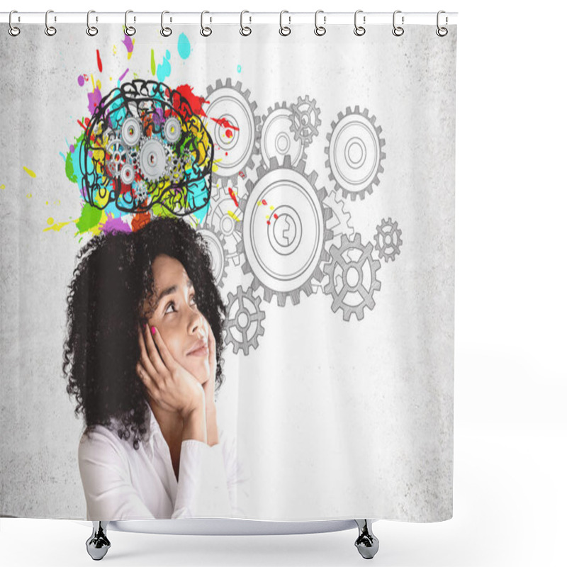 Personality  Thoughtful Young African Woman Brainstorming Shower Curtains