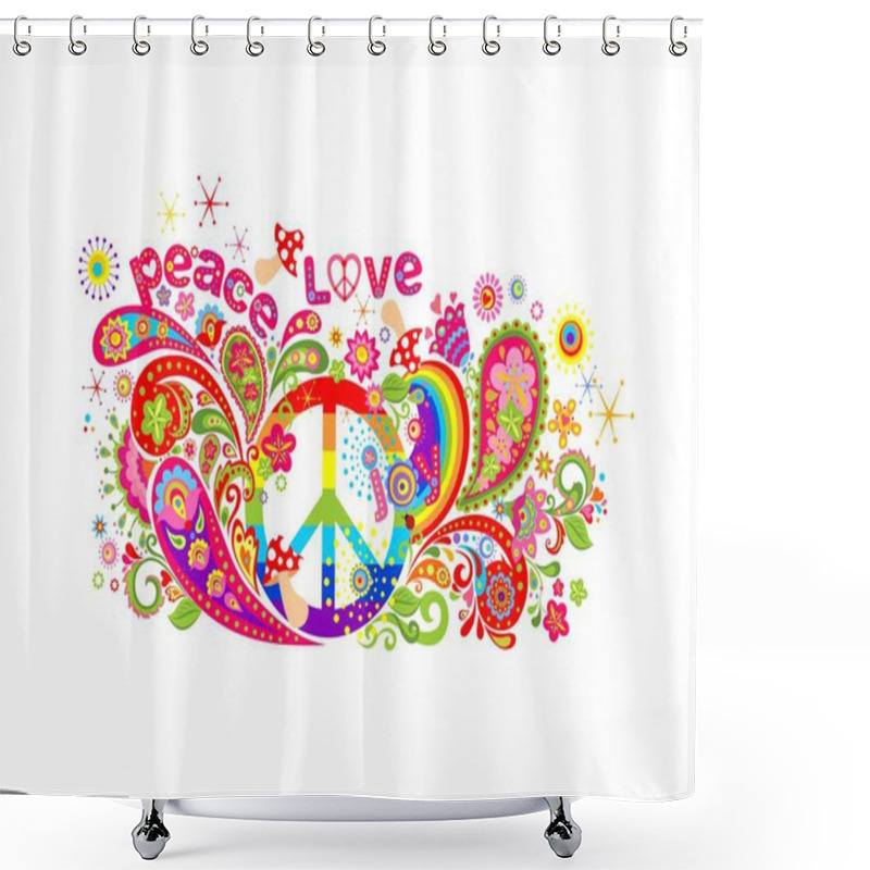 Personality  Colorful T-shirt Design With Hippie Peace Symbol, Abstract Flowers, Mushrooms, Paisley And Rainbow On White Background Shower Curtains