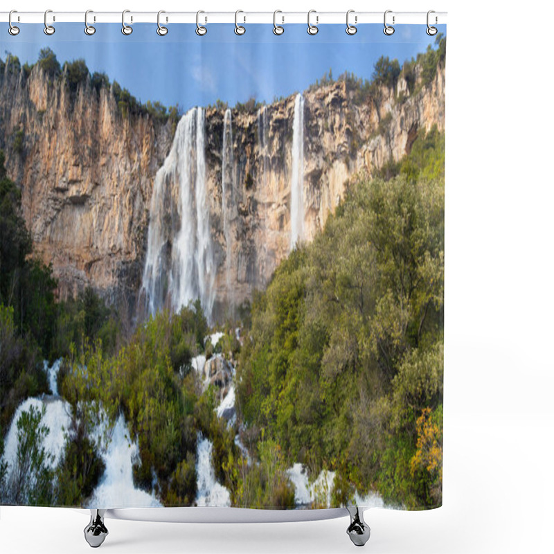 Personality  Scenic View Of A Waterfall Flowing Down A Rocky Cliff Surrounded By A Dense Forest, Creating A Breathtaking Natural Landscape Shower Curtains