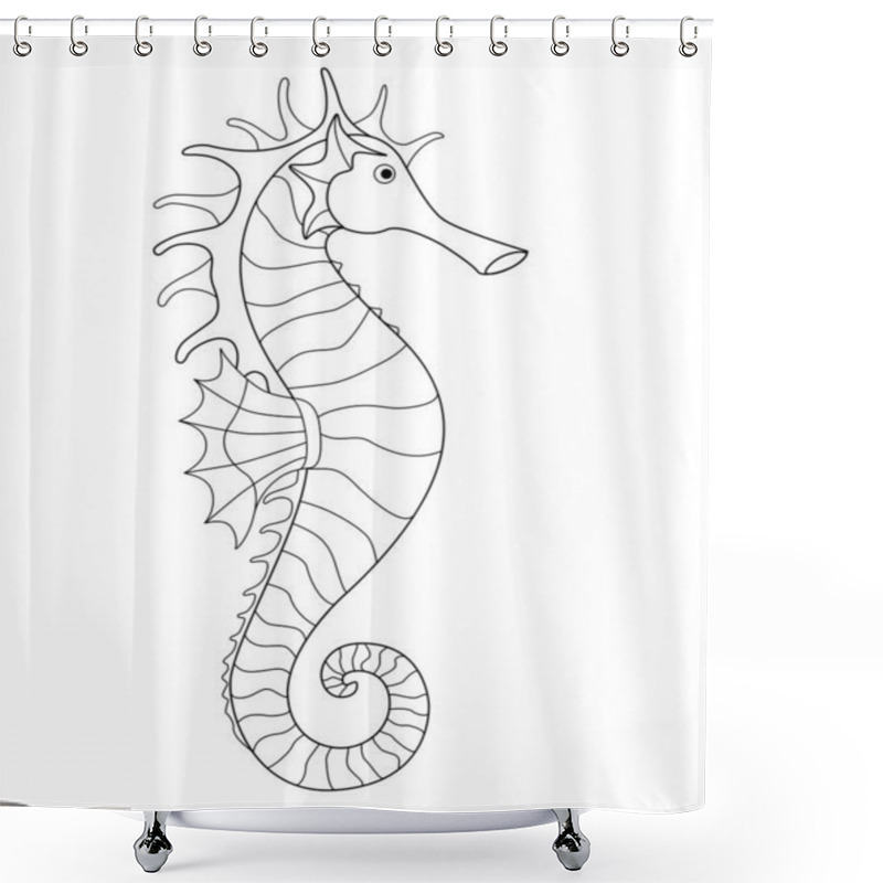 Personality  Seahorse - An Inhabitant Of The Ocean - Vector Linear Picture For Coloring. Fish Seahorse - Underwater Life For A Coloring Book. Outline. Hand Drawing. Shower Curtains