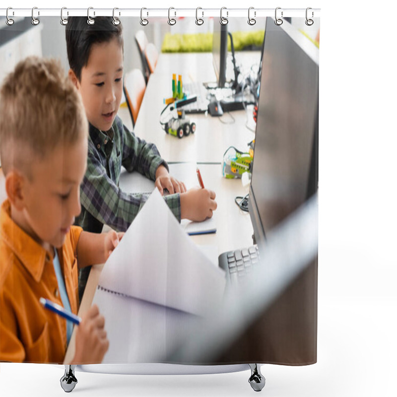 Personality  Selective Focus Of Multiethnic Schoolboys With Notebooks Sitting Near Computers In Stem School  Shower Curtains