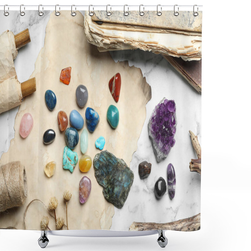 Personality  Flat Lay Composition With Different Gemstones On White Marble Background Shower Curtains