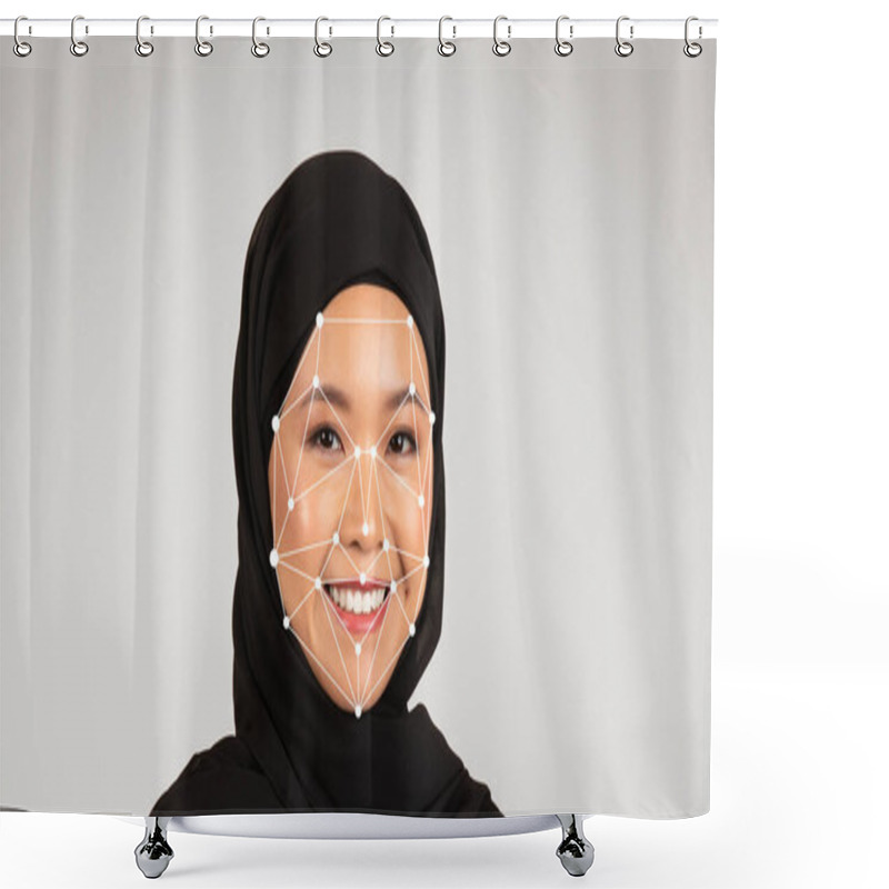 Personality  A Cheerful Asian Woman Wearing A Black Hijab Poses Confidently, Showcasing A Facial Recognition Technology Overlay Highlighting Facial Features In A Studio Setting. Shower Curtains