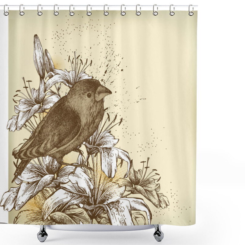 Personality  Floral Background With Lilies And A Sitting Bird. Vector Illustr Shower Curtains