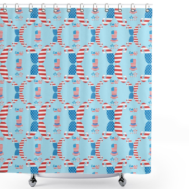 Personality  Seamless Background Pattern With Mustache, Glasses And Hats Made Of American National Flags On Blue  Shower Curtains