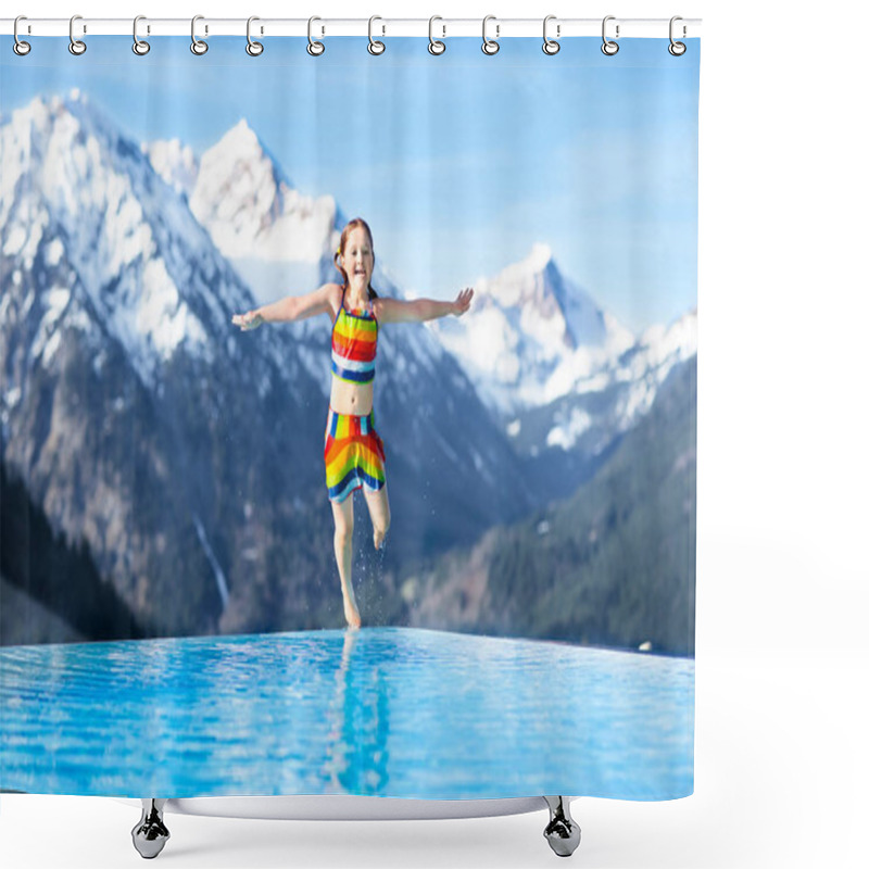 Personality  Child In Outdoor Swimming Pool Of Alpine Resort Shower Curtains