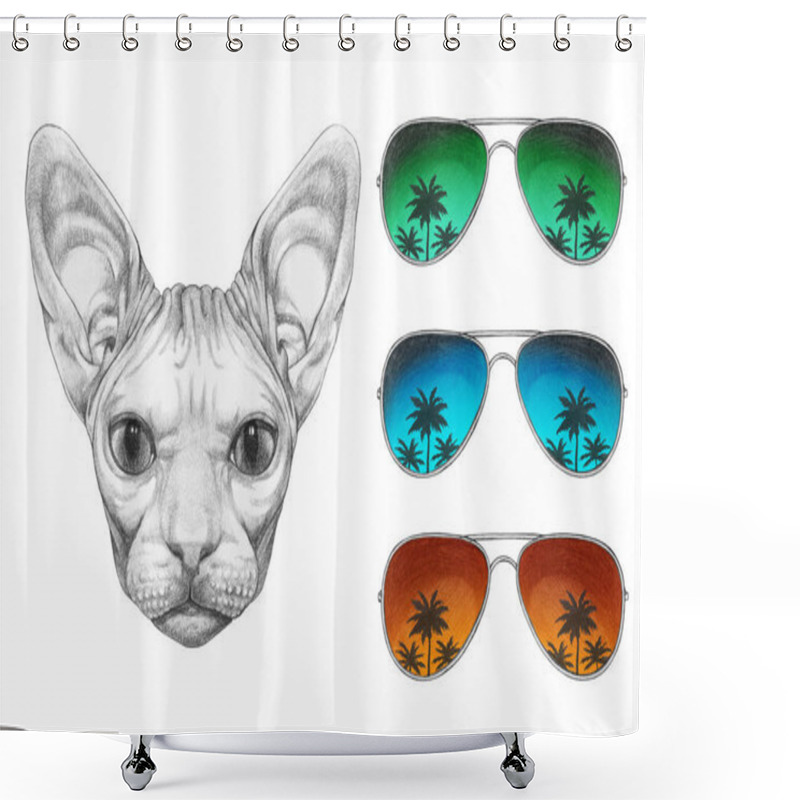 Personality  Nice Sketch Portrait Of Sphynx Cat And Set Of Three Aviator Sunglasses With Reflection Of Palm Trees, Isolated On White Shower Curtains