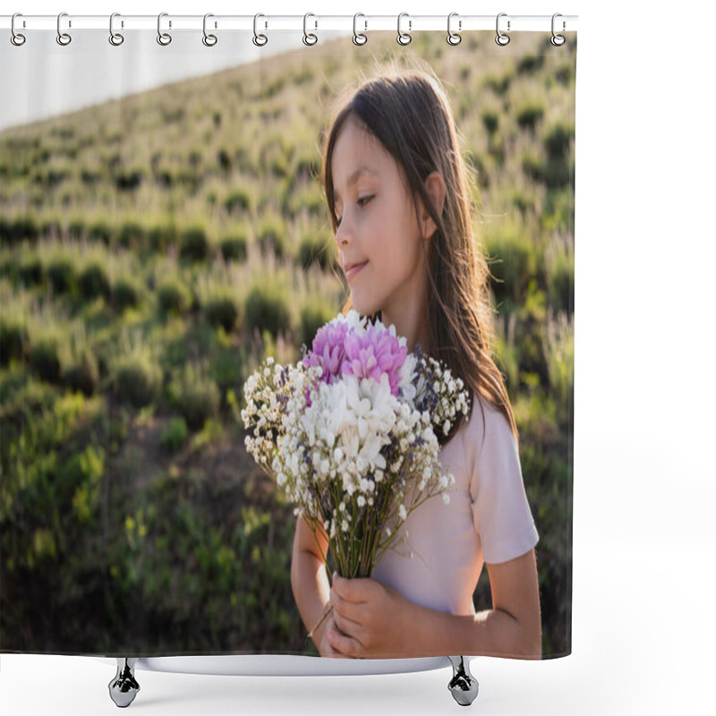 Personality  Smiling Woman With Long Hair Holding Bouquet Of Flowers In Summer Field Shower Curtains