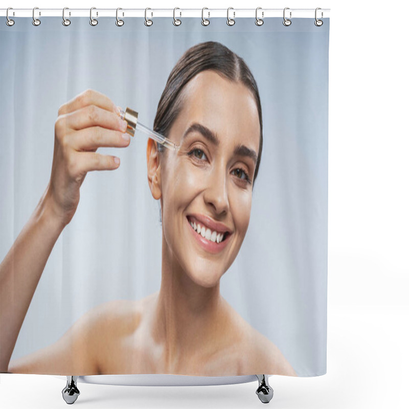 Personality  Smiling Girl Posing For Camera Against Light Background Shower Curtains