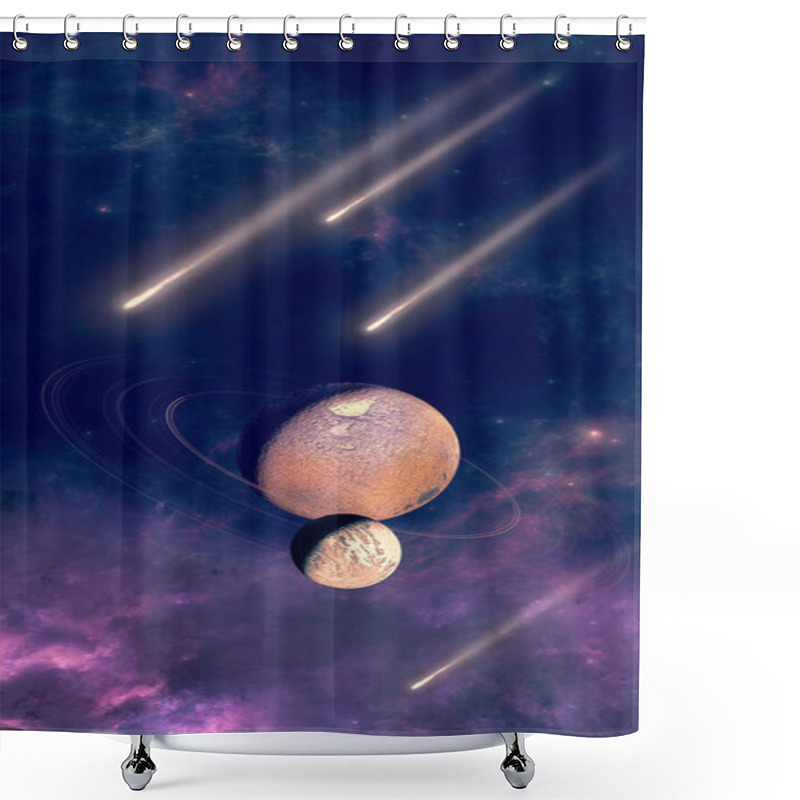 Personality  Planet With Rings And Comet Approaching Near A Star. A Comet Is An Icy, Small Solar System Body Release Gases. Solar Radiation And The Solar Wind Acting Upon The Nucleus Of The Comet. Oort Cloud. Nebula. Sci-fi. 3d Render Shower Curtains