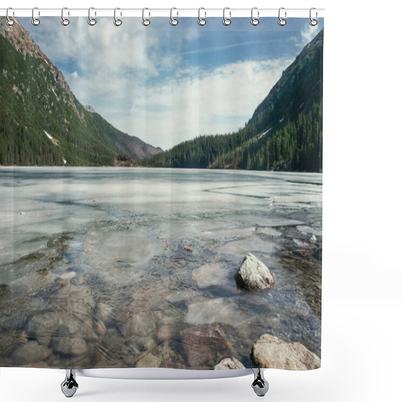 Personality  View Of Stones On Water Surface On Shore With Hills On Background, Morskie Oko, Sea Eye, Tatra National Park, Poland Shower Curtains