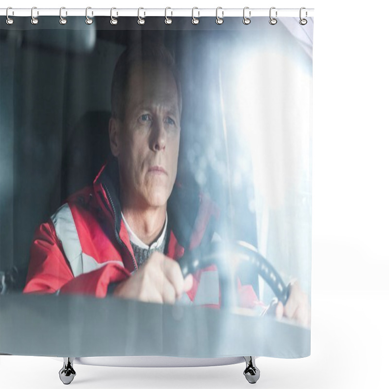 Personality  Serious Paramedic Sitting In Ambulance On Driver Seat  Shower Curtains