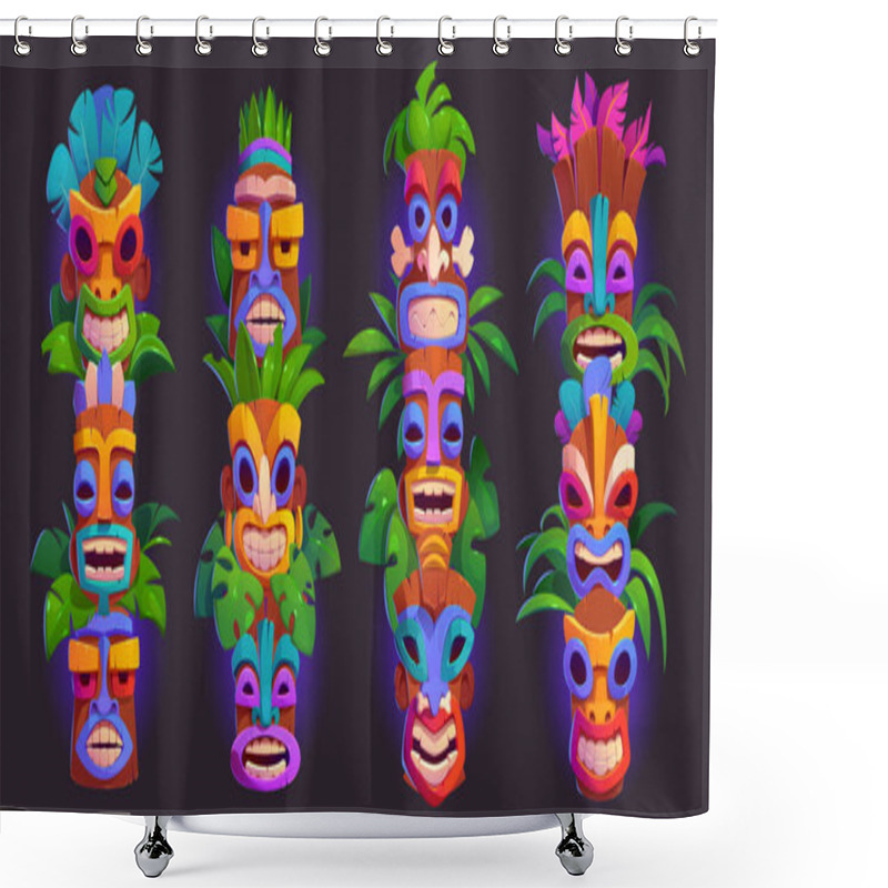 Personality  Hawaii Tiki Mask Pole Tribal Vector Cartoon Glow Icon Set. Hawaiian Or African Face Statue For Tropical Island Beach Party Decoration. Isolated Smile Wooden Warrior Sculpture Tribe Design Collection Shower Curtains