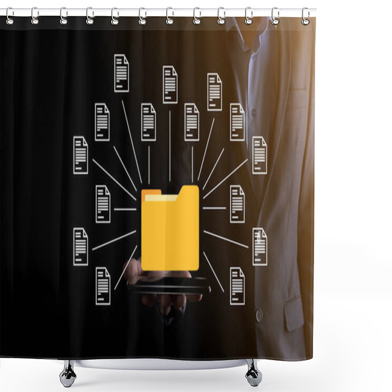 Personality  Document Management System DMS .Businessman Hold Folder And Document Icon.Software For Archiving, Searching And Managing Corporate Files And Information.Internet Technology Concept.Digital Security Shower Curtains