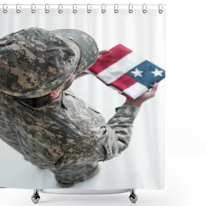 Personality  Overhead View Of Male Soldier In Military Uniform With American Flag In Hands Shower Curtains