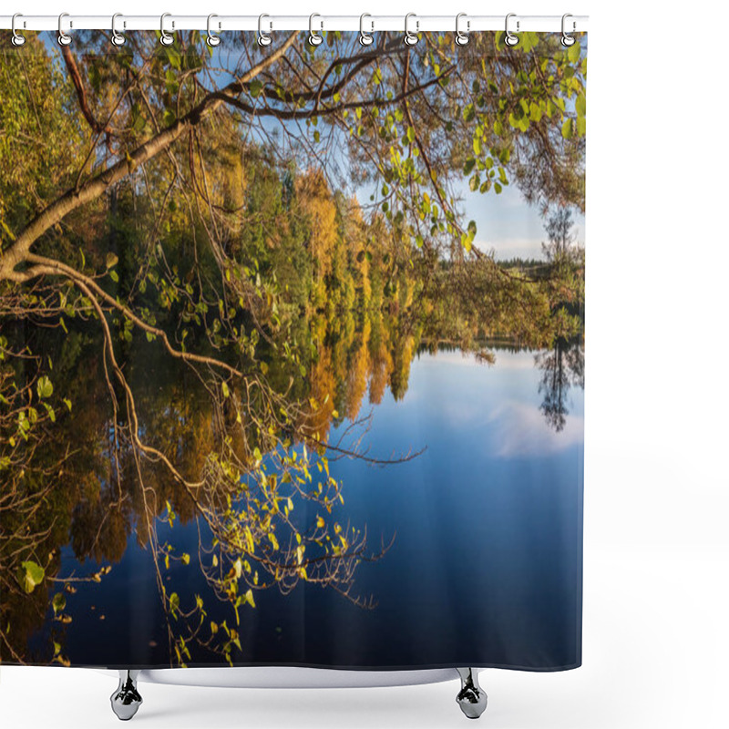 Personality  Autumn Trees That Light Up By The River By The Sun Under The Beautiful Colors Of Autumn In Swedish Nature Shower Curtains