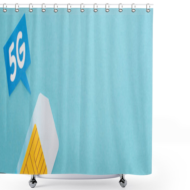 Personality  Top View Of Sim Card And  Speech Bubble With 5g Lettering On Blue Background, Panoramic Shot Shower Curtains