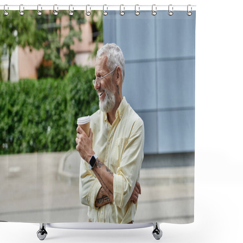 Personality  A Bearded Man In A Yellow Shirt Enjoys A Coffee Break Outside A Modern Building. Shower Curtains