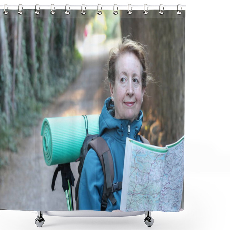 Personality  Backpacker Senior Woman With Backpack And Hiking Adventure Accessories Shower Curtains