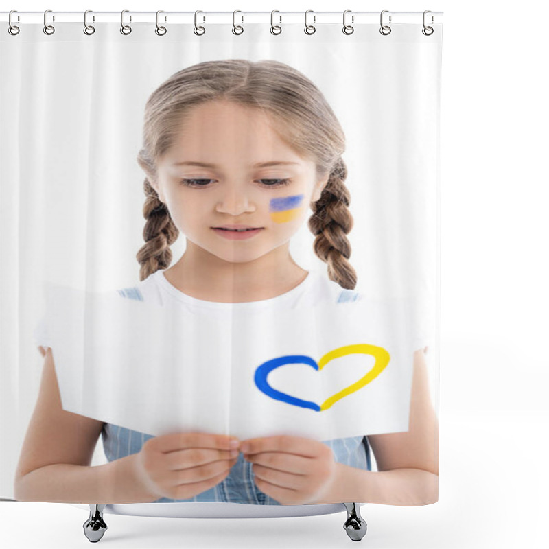 Personality  Girl With Ukrainian Flag On Face Reading Card With Blue And Yellow Heart Isolated On White Shower Curtains