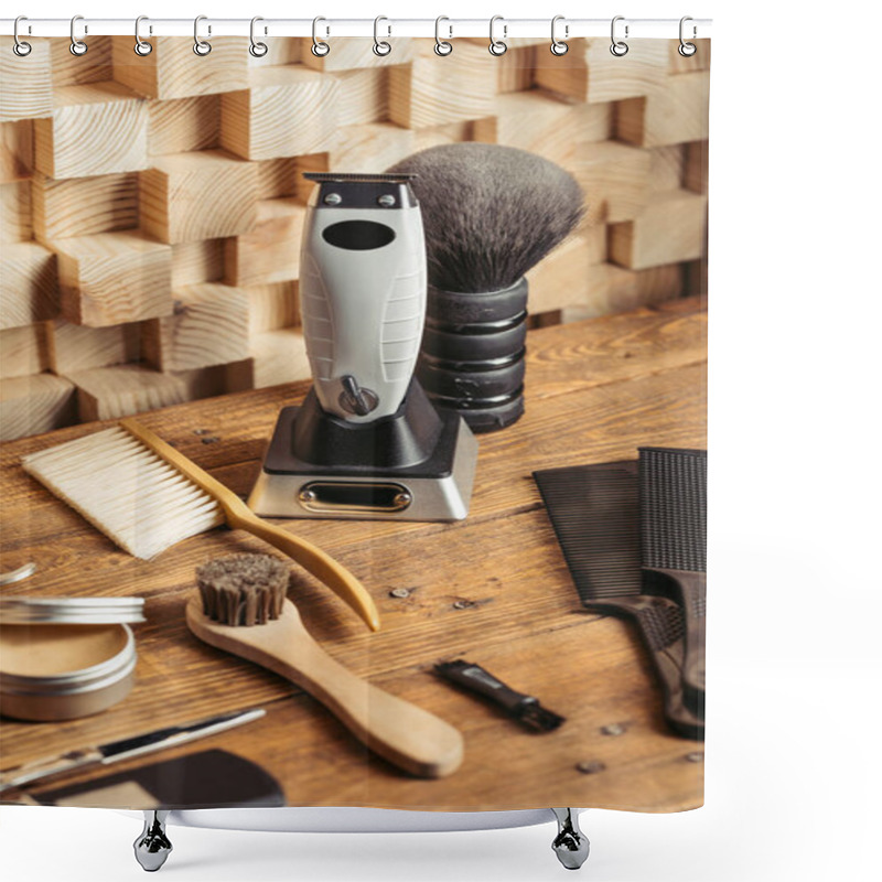 Personality  Close-up View Of Set Of Professional Barber Tools On Wooden Shelf In Barbershop Shower Curtains