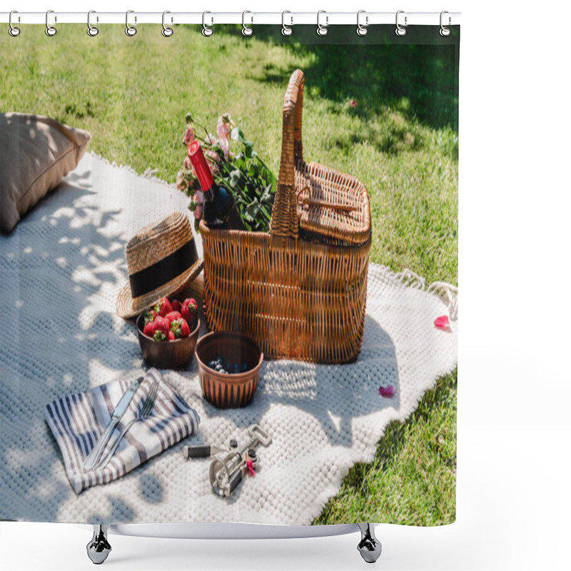 Personality  Wicker Basket With Roses And Wine On White Blanket Near Straw Hat, Cutlery On Napkin And Berries At Sunny Day In Garden Shower Curtains