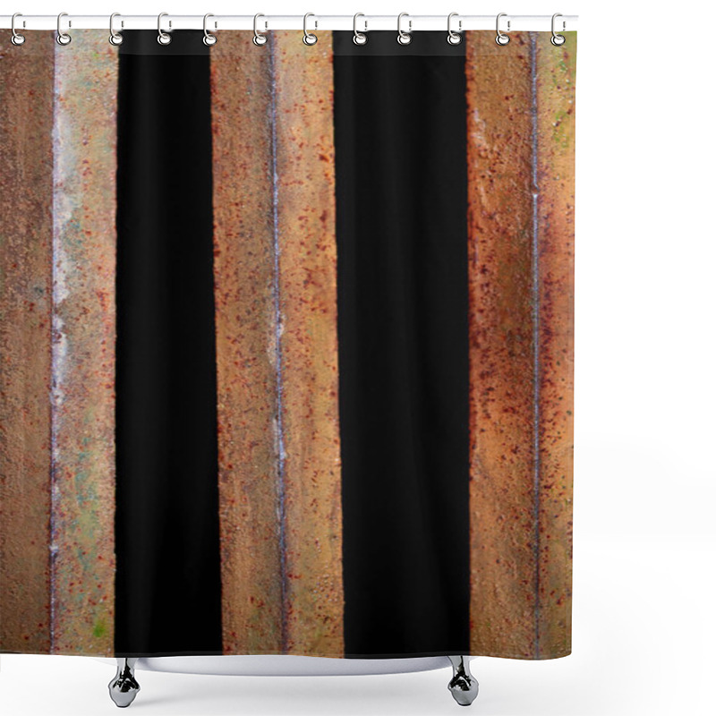 Personality  Close Up View Of Rust Fence With Black Background Behind Shower Curtains