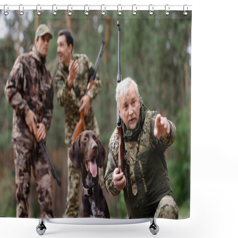 Personality  Family Man And Sons Hunting With Pointer Dog. Shower Curtains