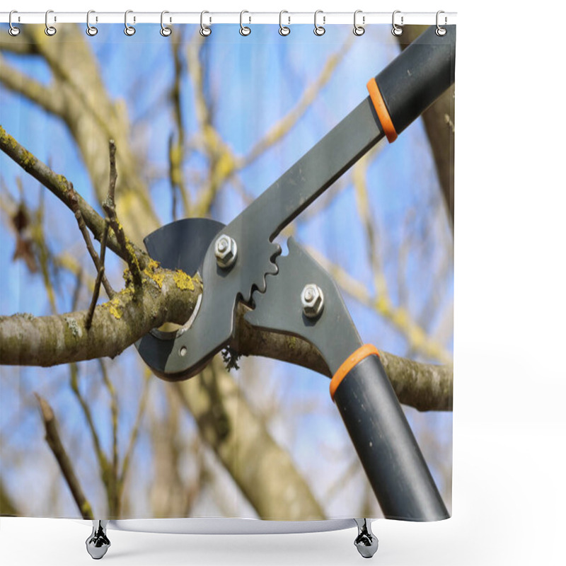 Personality  Pruning Of Tree With A Anvil Looper Against Blue Sky Shower Curtains