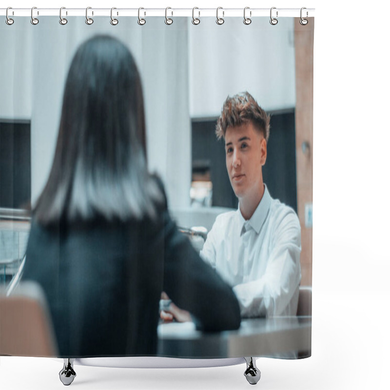 Personality  Hardworking Manager Chatting As A Team With Her Client In Her Office In A Sit-down Meeting Shower Curtains